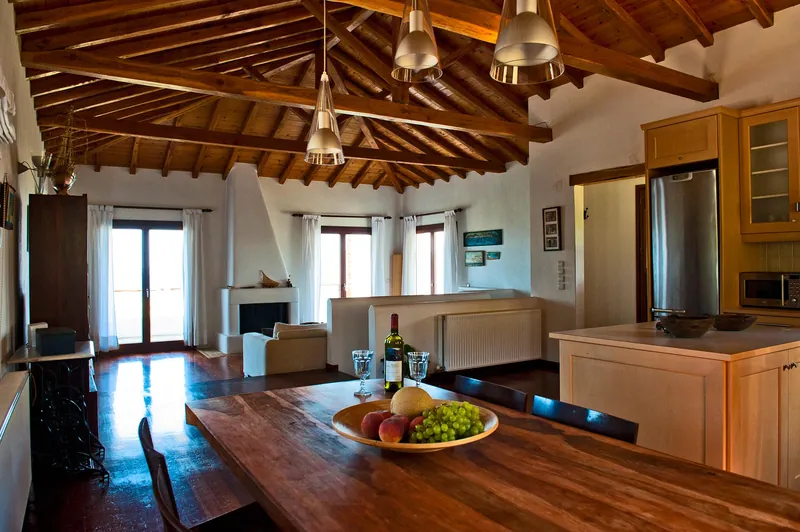 The open-plan living room under the timber roof